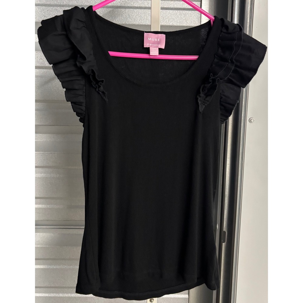 Muse Republic Clothing Black Ribbed Ruffle Cap Sleeve Scoop Neck Top Small